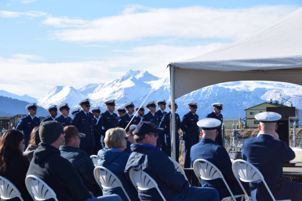 The crew of the Naushon stands at the ceremony on Friday, March 21, 2025, on Freight Dock Road on the Homer Spit in Homer, Alaska. (Chloe Pleznac/Homer News)