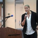 Megan Murphy, a counselor at Soldotna High School, speaks during a luncheon at the end of SoHis first Job Shadow Day, Wednesday, March 26, 2025, at Soldotna Prep School in Soldotna, Alaska. (Jake Dye/Peninsula Clarion)