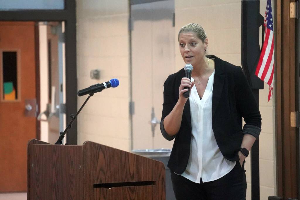Megan Murphy, a counselor at Soldotna High School, speaks during a luncheon at the end of SoHis first Job Shadow Day, Wednesday, March 26, 2025, at Soldotna Prep School in Soldotna, Alaska. (Jake Dye/Peninsula Clarion)