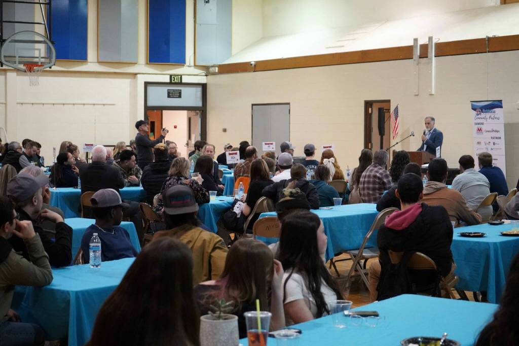 Kenai Peninsula Borough Mayor Peter Micciche speaks during a luncheon at the end of SoHis first Job Shadow Day, Wednesday, March 26, 2025, at Soldotna Prep School in Soldotna, Alaska. (Jake Dye/Peninsula Clarion)
