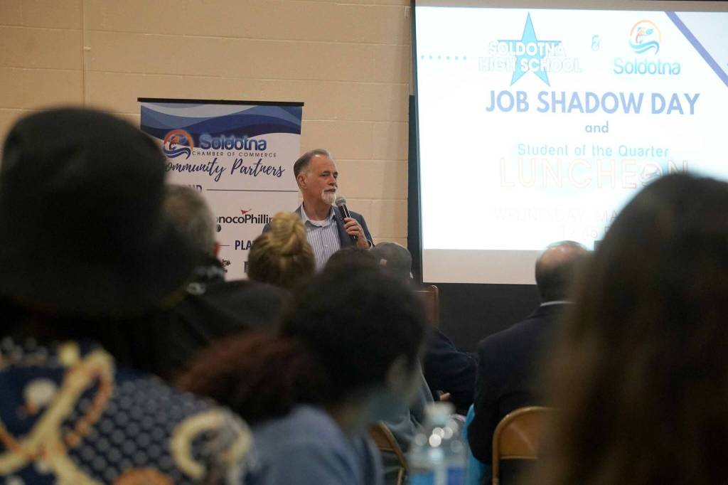 Soldotna High School Principal Chip Abolafia speaks during a luncheon at the end of SoHis first Job Shadow Day, Wednesday, March 26, 2025, at Soldotna Prep School in Soldotna, Alaska. (Jake Dye/Peninsula Clarion)