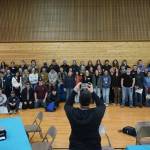 Students and hosts stand for a photo during a luncheon at the end of SoHis first Job Shadow Day, Wednesday, March 26, 2025, at Soldotna Prep School in Soldotna, Alaska. (Jake Dye/Peninsula Clarion)