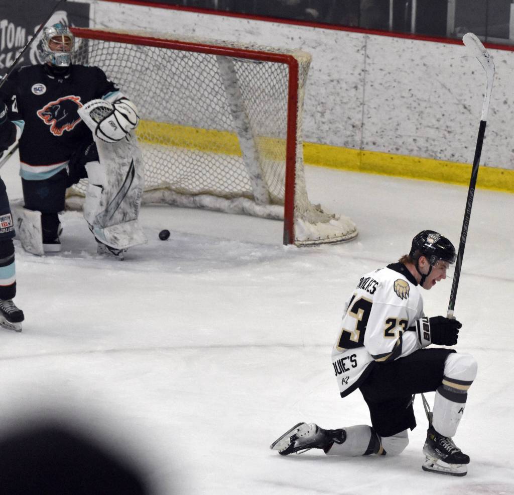 Brady Engelkes of the Kenai River Brown Bears celebrates after tipping in a goal against the Anchorage Wolverines on Saturday, March 29, 2025, at the Soldotna Regional Sports Complex in Soldotna, Alaska. (Photo by Jeff Helminiak/Peninsula Clarion)