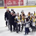 The 10-Under A team from the Kenai Peninsula Hockey Association was honored during the Kenai River Brown Bears game at the Soldotna Regional Sports Complex on Saturday, March 29, 2025, in Soldotna, Alaska. The squad won the Alaska State Hockey Tournament at the sports complex on Sunday, March 16. (Photo by Jeff Helminiak/Peninsula Clarion)