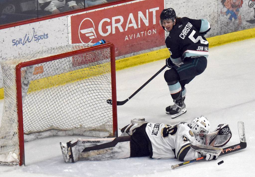 Kenai River Brown Bears goalie Owen Zenone saves a breakaway by Cole Christian on Saturday, March 29, 2025, at the Soldotna Regional Sports Complex in Soldotna, Alaska. (Photo by Jeff Helminiak/Peninsula Clarion)