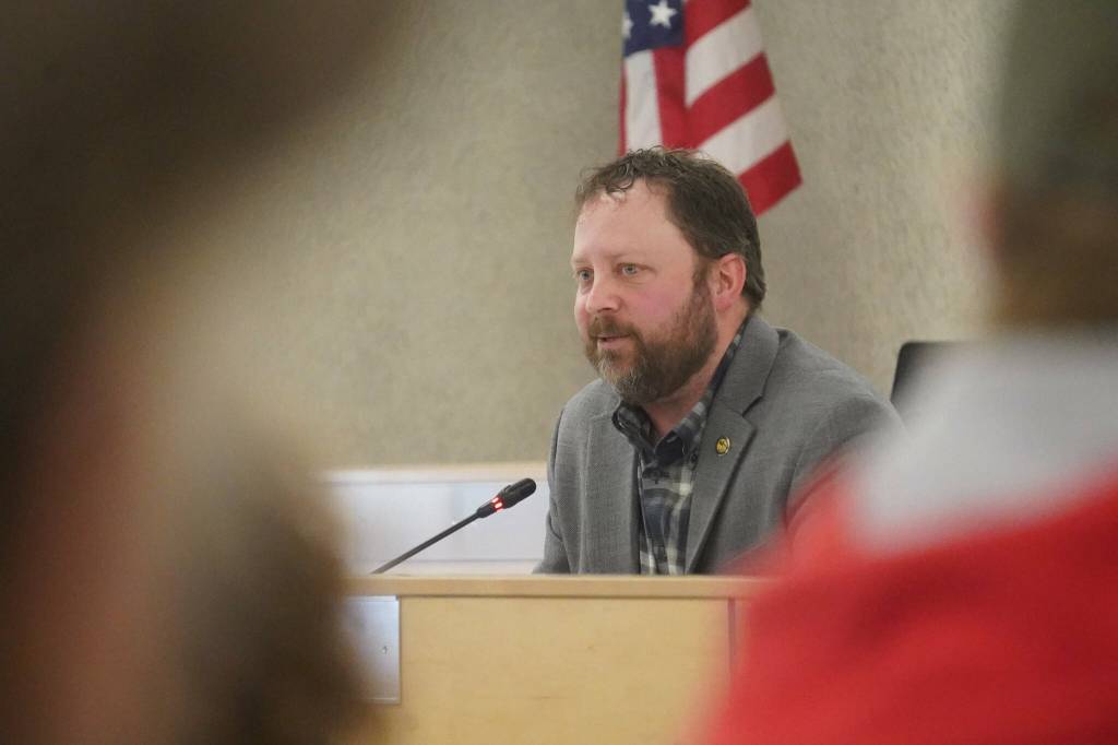 Rep. Bill Elam, R-Nikiski, speaks during a town hall meeting hosted by three Kenai Peninsula legislators in the Kenai Peninsula Borough Assembly Chambers in Soldotna, Alaska, on Saturday, March 29, 2025. (Jake Dye/Peninsula Clarion)
