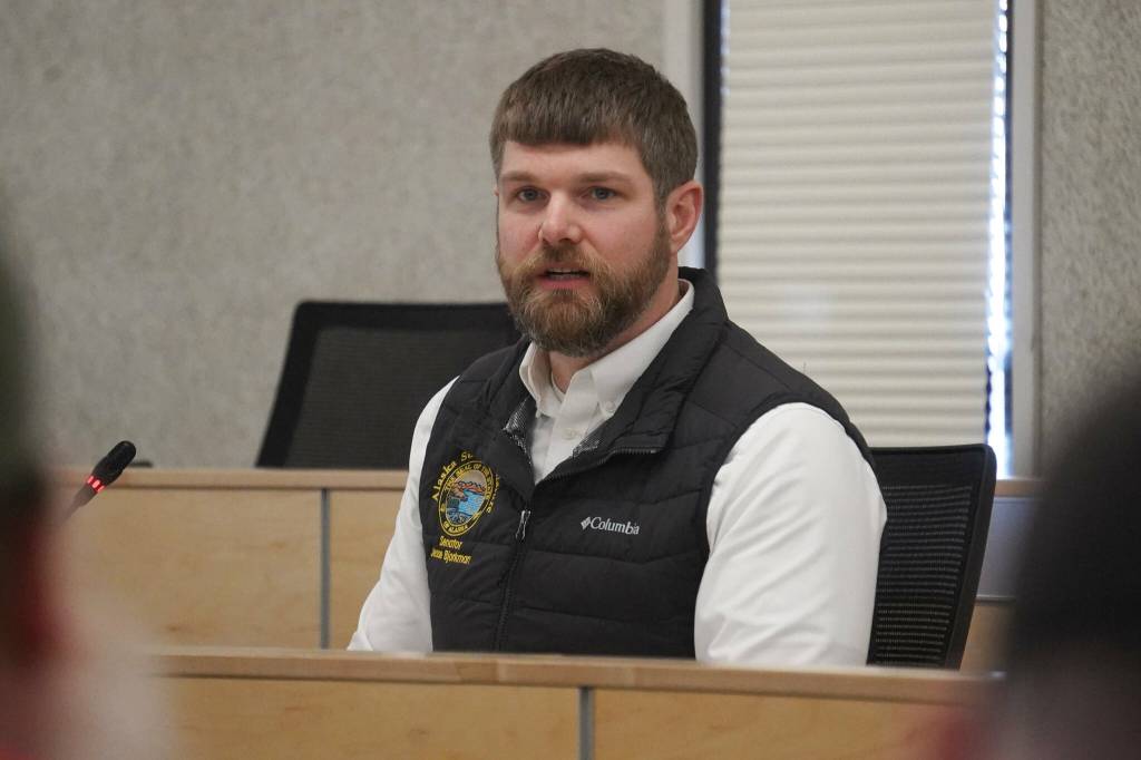 Sen. Jesse Bjorkman, R-Nikiski, speaks during a town hall meeting hosted by three Kenai Peninsula legislators in the Kenai Peninsula Borough Assembly Chambers in Soldotna, Alaska, on Saturday, March 29, 2025. (Jake Dye/Peninsula Clarion)