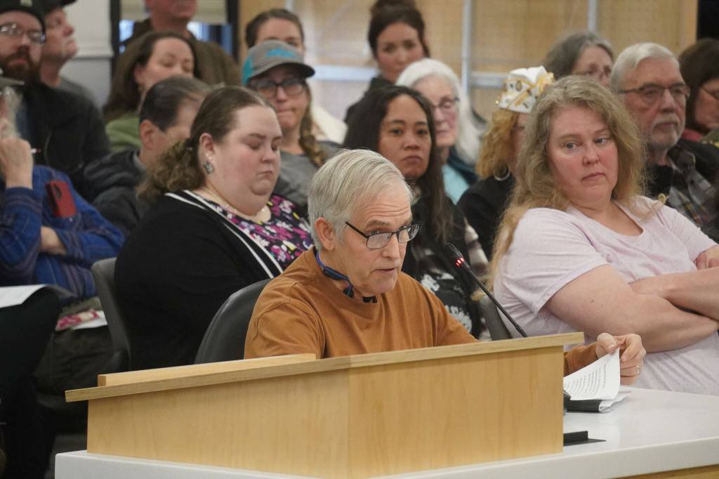 Mike Arnold speaks during a town hall meeting hosted by three Kenai Peninsula legislators in the Kenai Peninsula Borough Assembly Chambers in Soldotna, Alaska, on Saturday, March 29, 2025. (Jake Dye/Peninsula Clarion)