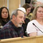 KPBSD Board of Education President Zen Kelly speaks during a town hall meeting hosted by three Kenai Peninsula legislators in the Kenai Peninsula Borough Assembly Chambers in Soldotna, Alaska, on Saturday, March 29, 2025. (Jake Dye/Peninsula Clarion)