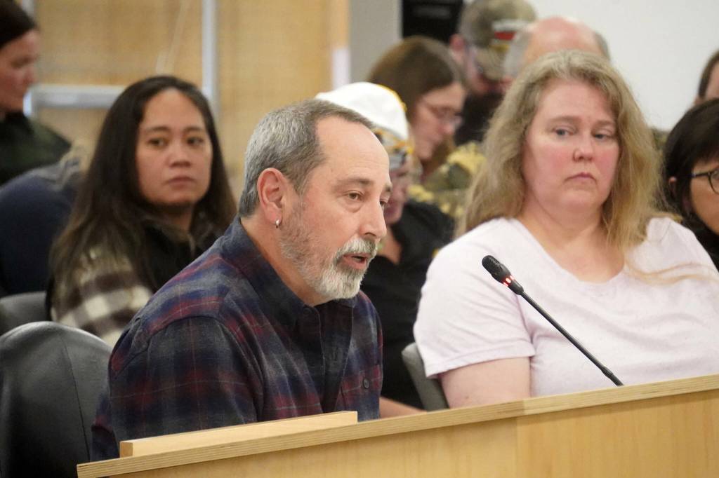 KPBSD Board of Education President Zen Kelly speaks during a town hall meeting hosted by three Kenai Peninsula legislators in the Kenai Peninsula Borough Assembly Chambers in Soldotna, Alaska, on Saturday, March 29, 2025. (Jake Dye/Peninsula Clarion)