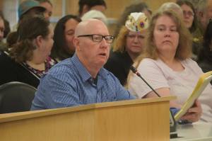 Greg Brush speaks during a town hall meeting hosted by three Kenai Peninsula legislators in the Kenai Peninsula Borough Assembly Chambers in Soldotna, Alaska, on Saturday, March 29, 2025. (Jake Dye/Peninsula Clarion)