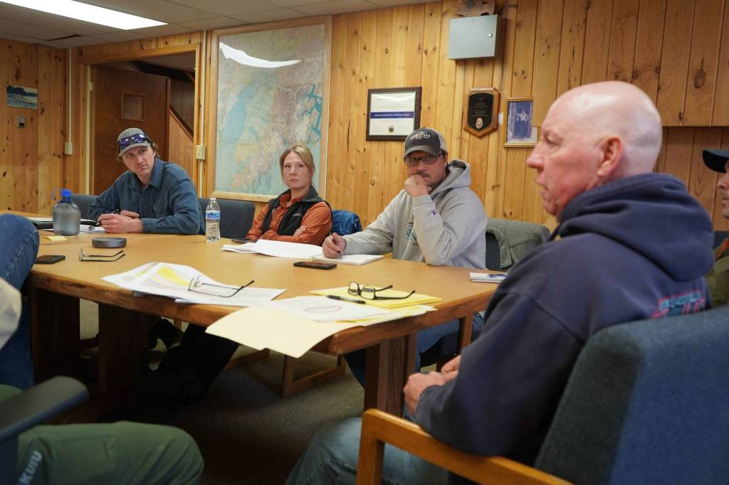 Greg Brush, right, speaks during an emergency meeting of the Kenai River Special Management Area Advisory Boards guide committee at the Kenai Peninsula Region Office of Alaska State Parks near Soldotna, Alaska, on March 5, 2025. (Jake Dye/Peninsula Clarion)