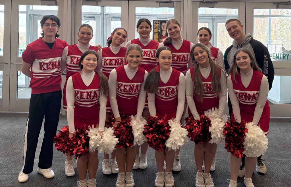 The Kenai Central cheerleading team. Back row, left to right: Luis Saravia, Sylvia McGraw, Kimber Moore, Makenzie Harden, Christine Goering, Sarah Baisden and Hollan Chadwick. Front row, left to right: Cara Graves, Mackenzie Fann, Ellee Pancoast, Ella Siemers and Kayani Whicker. (Photo provided)