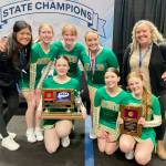 The Seward cheerleading team. From left to right are head coach Jean Beck, freshman Sophia Hughes, junior Somi Clendaniel, junior co-captain Juniper Ingalls, junior captain Lola Swanson, sophomore Josie Andrews, sophomore Addison Gerlach and assistant coach Brittany Swanson. (Photo provided)