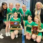 The Seward cheerleading team. From left to right are head coach Jean Beck, freshman Sophia Hughes, junior Somi Clendaniel, junior co-captain Juniper Ingalls, junior captain Lola Swanson, sophomore Josie Andrews, sophomore Addison Gerlach and assistant coach Brittany Swanson. (Photo provided)
