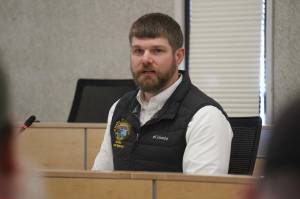 Sen. Jesse Bjorkman, R-Nikiski, speaks during a town hall meeting hosted by three Kenai Peninsula legislators in the Kenai Peninsula Borough Assembly Chambers in Soldotna, Alaska, on Saturday, March 29, 2025. (Jake Dye/Peninsula Clarion)