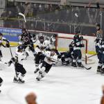 Michael Fiedorczuk of the Kenai River Brown Bears ties the game against the Anchorage Wolverines with 15 seconds left in the third period Friday, April 4, 2025, at the Soldotna Regional Sports Complex in Soldotna, Alaska. (Photo by Jeff Helminiak/Peninsula Clarion)