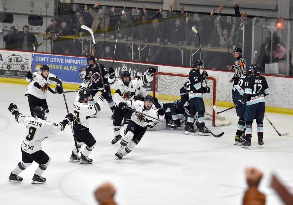 Michael Fiedorczuk of the Kenai River Brown Bears ties the game against the Anchorage Wolverines with 15 seconds left in the third period Friday, April 4, 2025, at the Soldotna Regional Sports Complex in Soldotna, Alaska. (Photo by Jeff Helminiak/Peninsula Clarion)