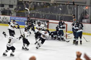Michael Fiedorczuk of the Kenai River Brown Bears ties the game against the Anchorage Wolverines with 15 seconds left in the third period Friday, April 4, 2025, at the Soldotna Regional Sports Complex in Soldotna, Alaska. (Photo by Jeff Helminiak/Peninsula Clarion)