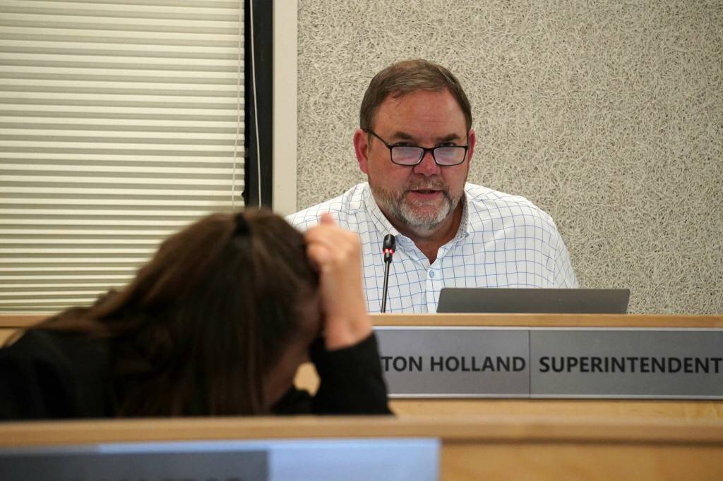 Kenai Peninsula Borough School District Superintendent Clayton Holland speaks during a meeting of the KPBSD Board of Education in Soldotna, Alaska, on Monday, April 7, 2025. (Jake Dye/Peninsula Clarion)