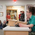 Vail Coots, a Kenai Central High School student, speaks during a meeting of the Kenai Peninsula Borough School District Board of Education in Soldotna, Alaska, on Monday, April 7, 2025. (Jake Dye/Peninsula Clarion)