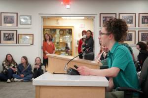 Vail Coots, a Kenai Central High School student, speaks during a meeting of the Kenai Peninsula Borough School District Board of Education in Soldotna, Alaska, on Monday, April 7, 2025. (Jake Dye/Peninsula Clarion)