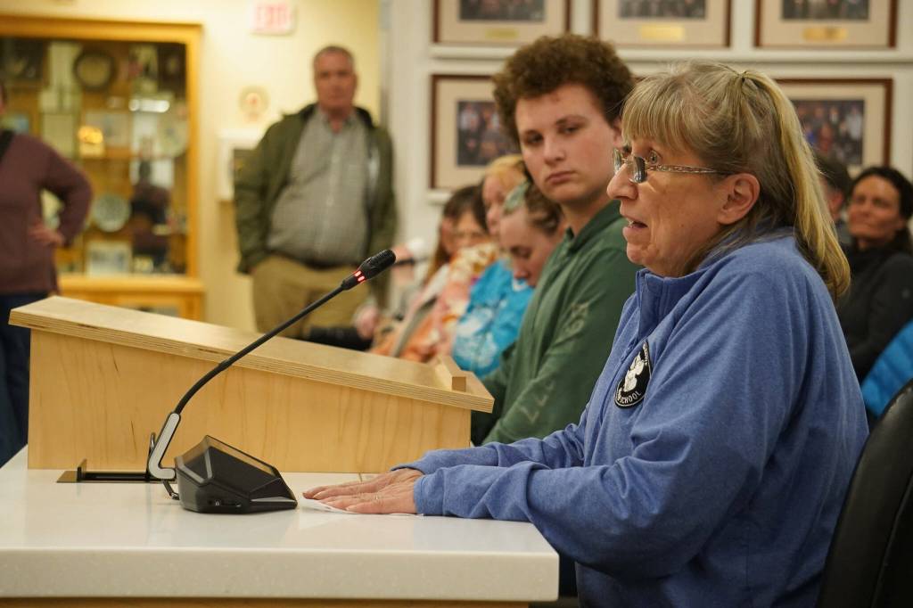 Annette Weigle, who works at Kenai Alternative High School, speaks during a meeting of the Kenai Peninsula Borough School Districts Board of Education in Soldotna, Alaska, on Monday, April 7, 2025. (Jake Dye/Peninsula Clarion)