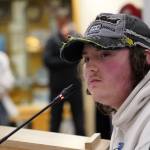 Zaeryn Bahr, a student of Kenai Alternative High School, speaks during a meeting of the Kenai Peninsula Borough School Districts Board of Education in Soldotna, Alaska, on Monday, April 7, 2025. (Jake Dye/Peninsula Clarion)