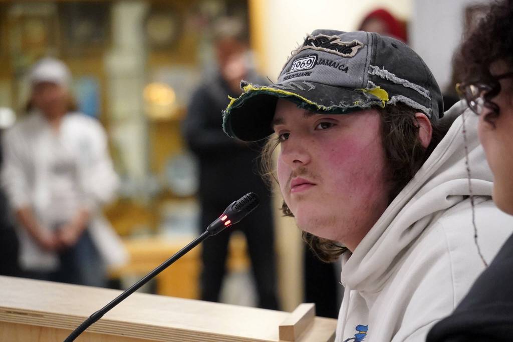 Zaeryn Bahr, a student of Kenai Alternative High School, speaks during a meeting of the Kenai Peninsula Borough School Districts Board of Education in Soldotna, Alaska, on Monday, April 7, 2025. (Jake Dye/Peninsula Clarion)