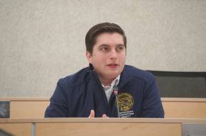 Rep. Justin Ruffridge speaks during a town hall meeting hosted by three Kenai Peninsula legislators in the Kenai Peninsula Borough Assembly Chambers in Soldotna, Alaska, on Saturday, March 29, 2025. (Jake Dye/Peninsula Clarion)