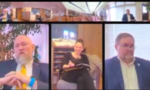 A screenshot of a Zoom meeting where Superintendent Clayton Holland (right) interviews Dr. Henry Burns (left) on Wednesday, April 9, while Assistant Superintendent Kari Dendurent (center) takes notes.
