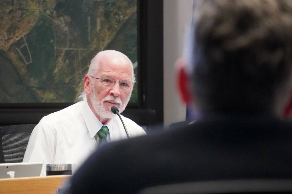 Soldotna Mayor Paul Whitney speaks during a Soldotna City Council work session on the Soldotna Field House in Soldotna, Alaska, on Wednesday, April 9, 2025. (Jake Dye/Peninsula Clarion)