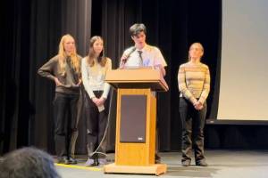 The Seward Sleeper Sharks present during the 28th Annual Alaska Tsunami Bowl in the Seward High School Auditorium in Seward, Alaska, on Feb. 28, 2025. (Photo provided by Mica Van Buskirk)
