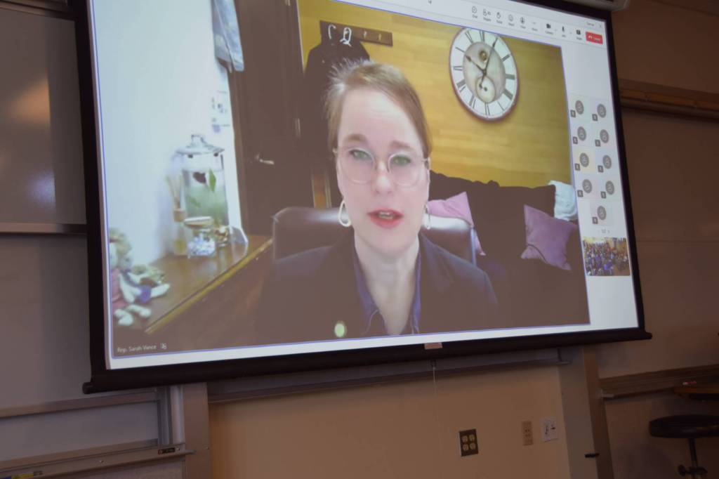 House District 6 Rep. Sarah Vance attended her town hall meeting via Microsoft Teams video on Saturday, April 12, 2025. A screening was still held for in-person attendees at Pioneer Hall on Kachemak Bay Campus. (Chloe Pleznac/Homer News)