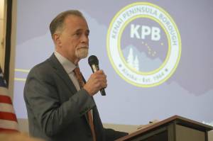 Kenai Peninsula Borough Mayor Peter Micciche delivers a borough update to the joint Kenai and Soldotna Chambers of Commerce in Kenai, Alaska, on Wednesday, April 16, 2025. (Jake Dye/Peninsula Clarion)