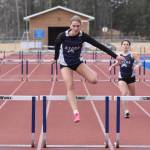 Soldotnas Hallie Fischer wins the 300-meter hurdles at the Soldotna Mini Meet on Tuesday, April 15, 2025, at Soldotna High School in Soldotna, Alaska. (Photo by Jeff Helminiak/Peninsula Clarion)