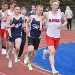 Kenai Centrals Chase Laker leads Soldotnas Ollie Dahl and Michael Davidson in the 1,600-meter run at the Soldotna Mini Meet on Tuesday, April 15, 2025, at Soldotna High School in Soldotna, Alaska. (Photo by Jeff Helminiak/Peninsula Clarion)