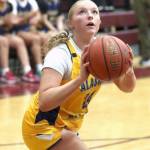 Homer senior Channing Lowney takes a short from the baseline for the 3A/4A Girls Gold team during the Alaska Association of Basketball Coaches Senior All-Star Games on Saturday, April 12, 2025, at Grace Christian School in Anchorage, Alaska. (Bruce Eggleston/matsusports.net)