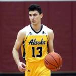 Cook Inlet Academy senior Ian McGarry brings the ball down the floor for the 1A/2A Boys Gold team during the Alaska Association of Basketball Coaches All-Star Games on Saturday, April 12, 2025, at Grace Christian School in Anchorage, Alaska. (Bruce Eggleston/matsusports.net)