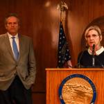 State Education Commissioner Deena Bishop discussion the status of school districts finances during a press conference with Gov. Mike Dunleavy at the Alaska State Capitol on Thursday, April 17, 2025. (Jasz Garrett / Juneau Empire)