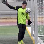 Kenai Centrals Bradley Morrison lets the ball go out for a goal kick Thursday, April 17, 2025, at Ed Hollier Field at Kenai Central High School in Kenai, Alaska. (Photo by Jeff Helminiak/Peninsula Clarion)