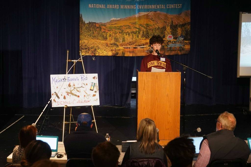 Soldotna High Schools Thomas Cooper speaks during the 35th Annual Caring for the Kenai Oral Presentations at Kenai Central High School in Kenai, Alaska, on Thursday, April 17, 2025. (Jake Dye/Peninsula Clarion)