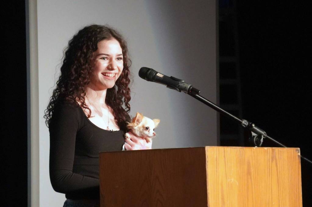 Soldotna High Schools Lucy Salzer speaks during the 35th Annual Caring for the Kenai Oral Presentations at Kenai Central High School in Kenai, Alaska, on Thursday, April 17, 2025. (Jake Dye/Peninsula Clarion)