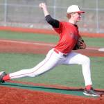 Kenai Centralճ Jacob Joanis delivers a pitch during a high school baseball game against Kodiak on Friday, April 18, at Baranof Field in Kodiak, Alaska. (DEREK CLARKSTON/Kodiak Daily Mirror)