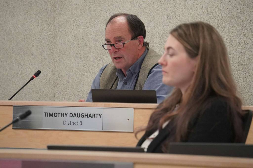 Tim Daugharty speaks during a special meeting of the Kenai Peninsula Borough School District Board of Education in Soldotna, Alaska, on Wednesday, April 23, 2025. (Jake Dye/Peninsula Clarion)