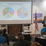 Economist and research analyst Andy Wink presents State of the Kenai Peninsula Borough Economy during the Kenai Peninsula Economic Development District Industry Outlook Forum in Kenai, Alaska, on Thursday, April 24, 2025. (Jake Dye/Peninsula Clarion)
