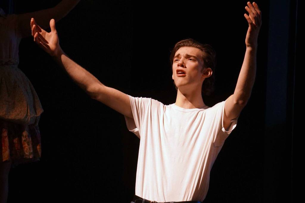 Kyler Allen rehearses All Shook Up in the Nikiski Middle/High School Auditorium on Saturday, April 26, 2025. (Jake Dye/Peninsula Clarion)