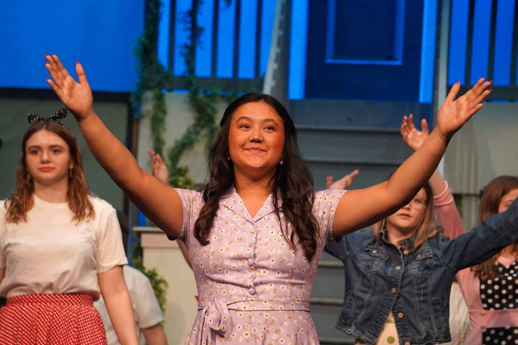Shania Weathers rehearses All Shook Up in the Nikiski Middle/High School Auditorium on Saturday, April 26, 2025. (Jake Dye/Peninsula Clarion)