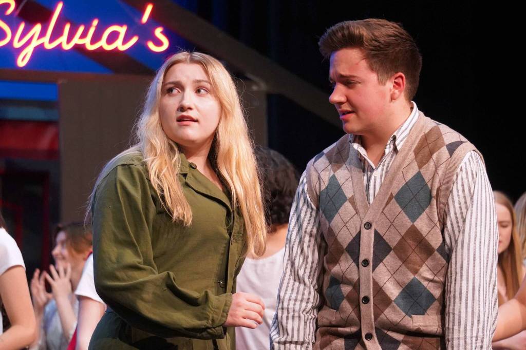 Belle Morris and Jackson Hooper rehearse All Shook Up in the Nikiski Middle/High School Auditorium on Saturday, April 26, 2025. (Jake Dye/Peninsula Clarion)
