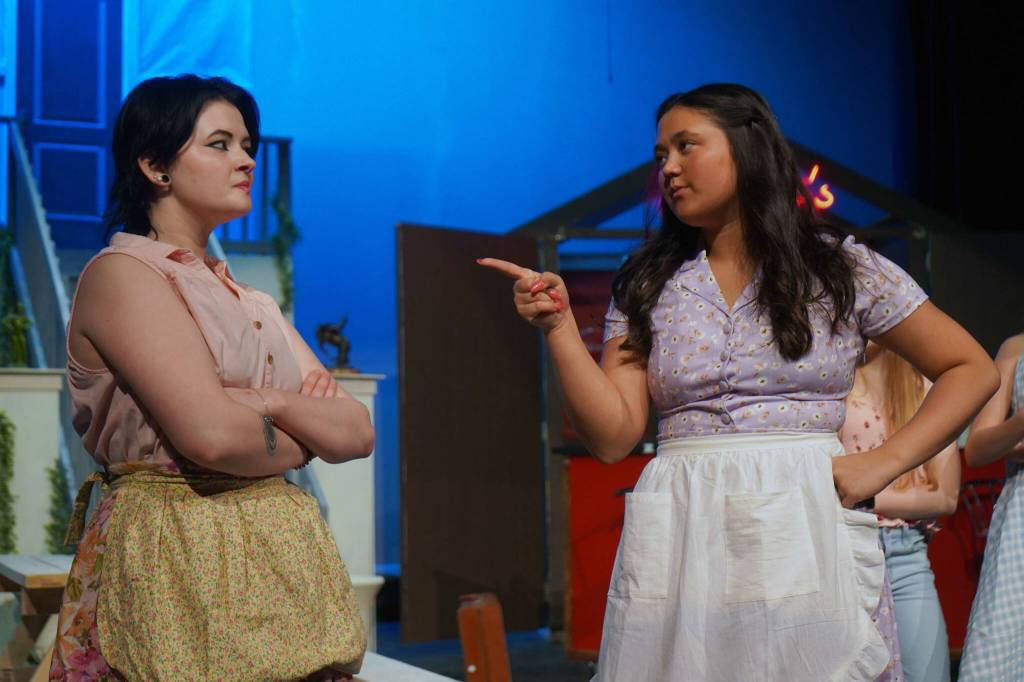 Kry Spurgeon and Shania Weathers rehearse All Shook Up in the Nikiski Middle/High School Auditorium on Saturday, April 26, 2025. (Jake Dye/Peninsula Clarion)
